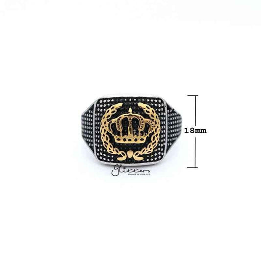 Stainless steel men's ring by Glitters featuring an antiqued crown tone eagle casting design.