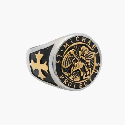 Stainless steel Archangel Saint Michael ring by Glitters featuring detailed angelic design and polished finish.