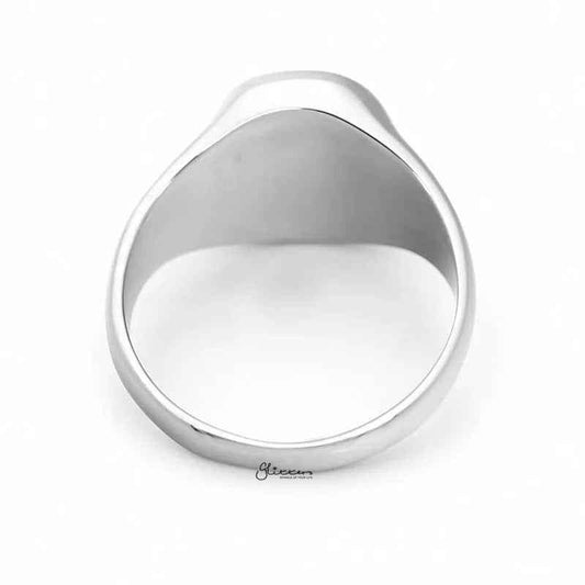 Silver stainless steel oval signet blank ring with a smooth, polished surface, designed for custom engraving.