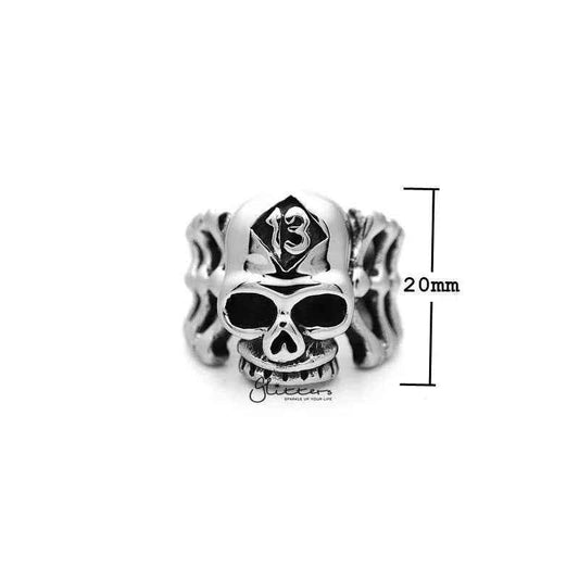 Stainless steel Skull Head and Bones men's ring with #13 casting detail by Glitters, featuring a bold skull design and metallic finish.