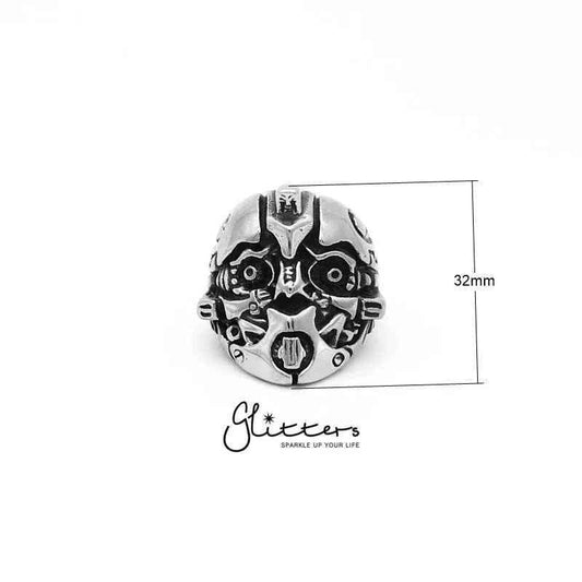 Pair of stainless steel Transformers robot casting rings by Glitters, showcasing detailed robot designs and smooth metallic finish.