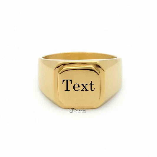 Personalised silver stainless steel square flat-top signet ring from Glitters, showcasing a sleek, modern design.