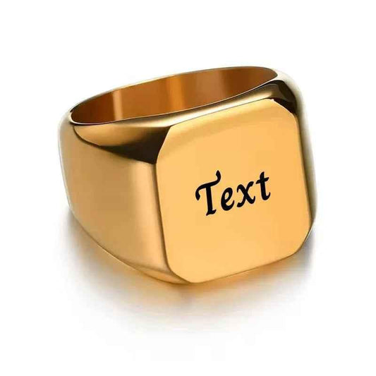 Personalised silver stainless steel square-shaped ring from Glitters, featuring a sleek modern design and customizable engraving.