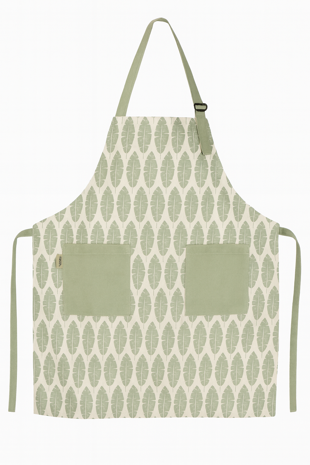 Nest & Stem Homewares Frankly Cotton Classic Green and White Leaves apron with leafy pattern on a white background.