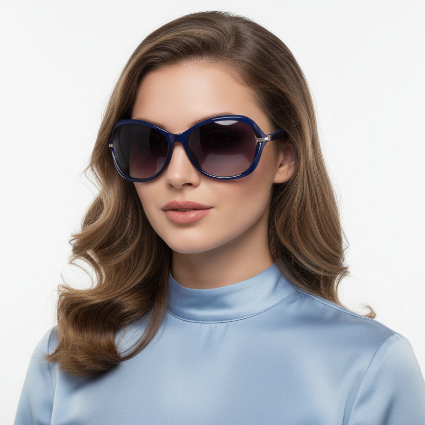 Blue polarized sunglasses with rhinestone deco by Dealonlinenz, featuring stylish frames and vibrant lens details.