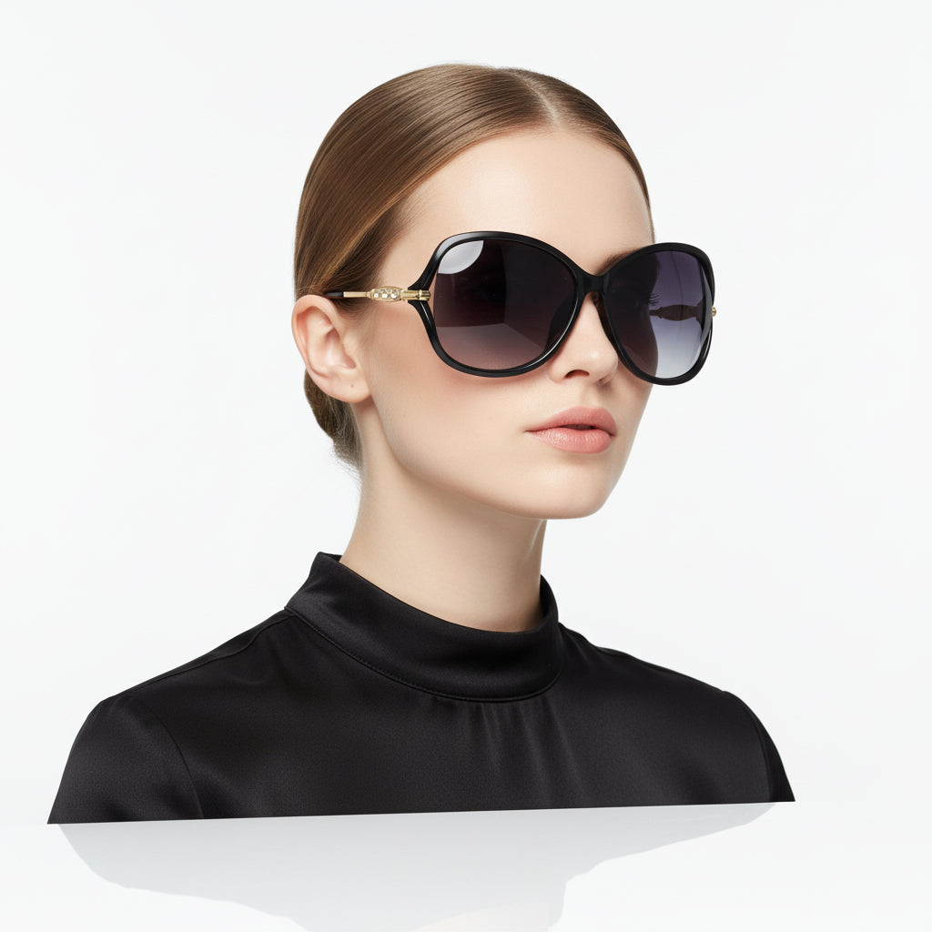 Black dealonlinenz sunglasses with polarized lenses and rhinestone detail, stylish sun eyewear with decorative embellishments.