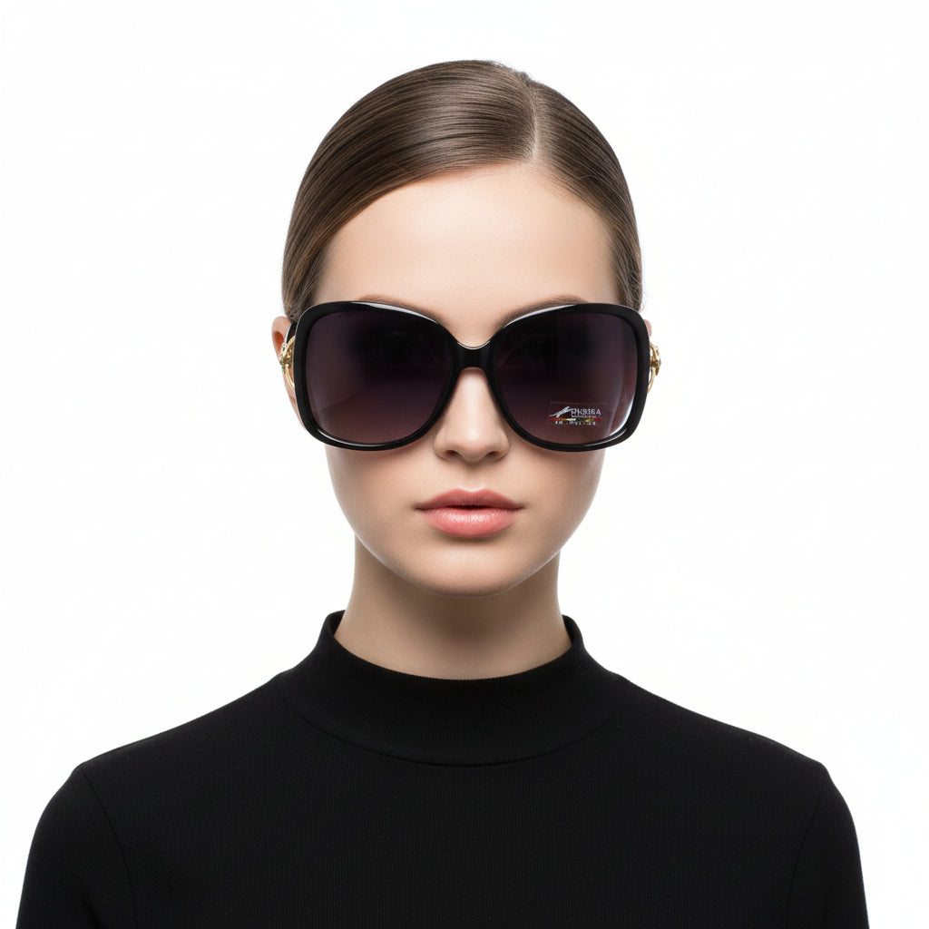 Black polarized lens flower deco sunglasses with stylish floral design, perfect for sun protection and fashion.