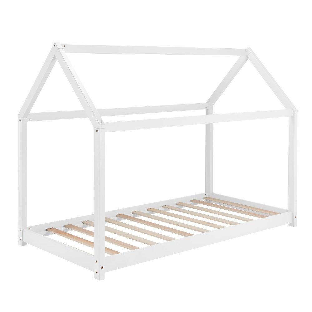 White 'Hannigan' kid bed frame by sue-e furniture, featuring a simple and sturdy design for single beds in a cozy bedroom setting.