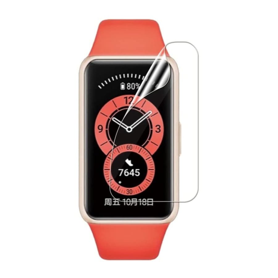 Hydrogel screen protectors for Huawei Band 6 smartwatch, pack of 6, showing clear, flexible protective film on watch screen