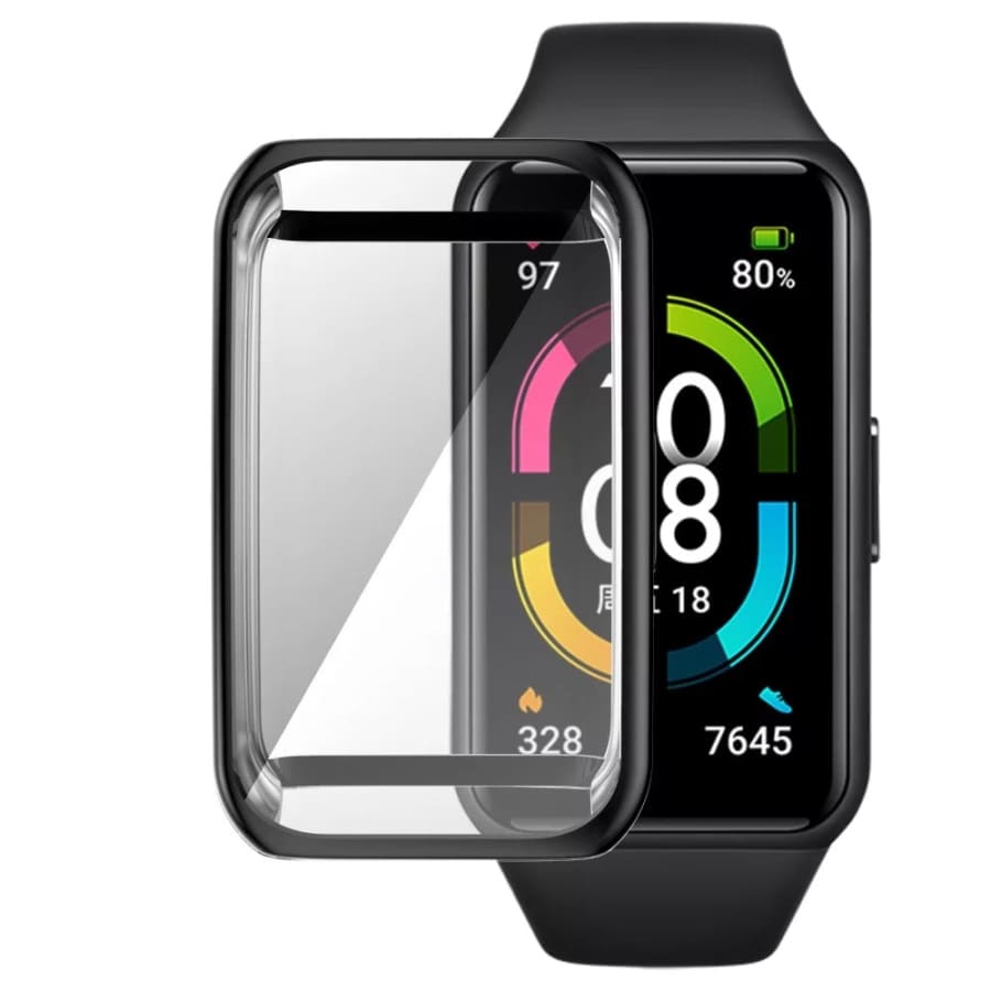 Black protective case for Huawei Band 6 watch, made by That Watch Shop, shown on the device in this image.