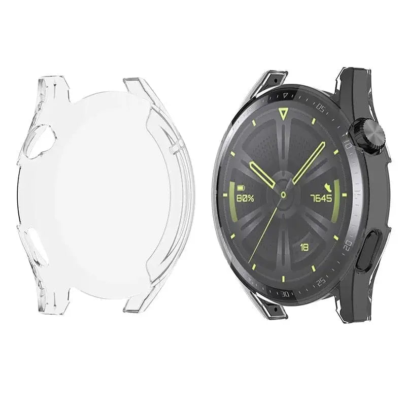 Clear Habicare protective case for Huawei GT 2 42mm smartwatch, showing the transparent, snug-fitting design on the watch.