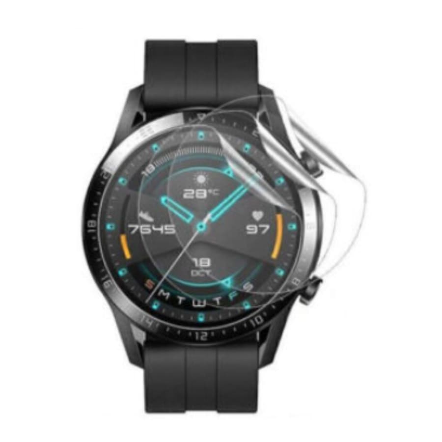 Hydrogel screen protectors for Huawei GT 2 46mm smartwatch, pack of 6, showing clear, flexible watch screen protection.