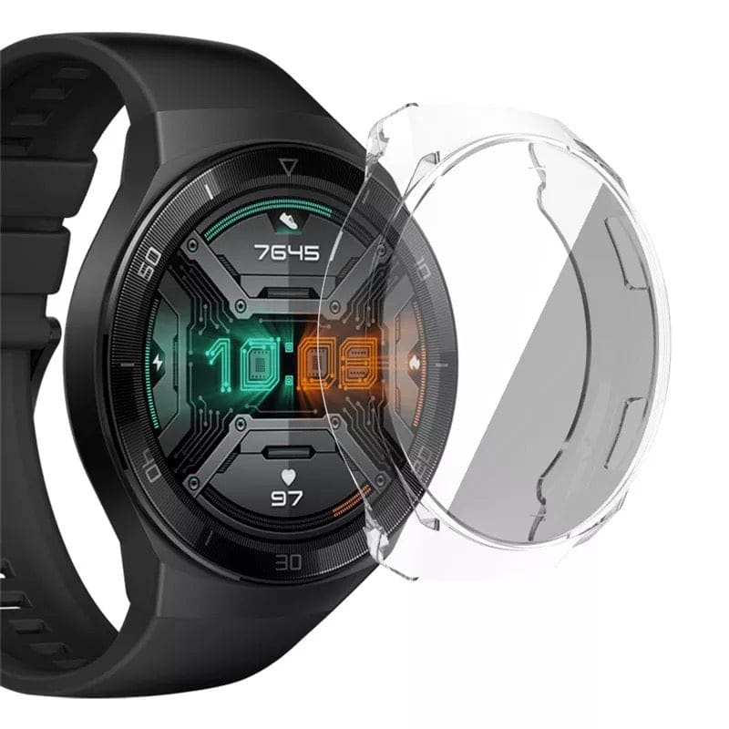 Clear protective case for Huawei GT 2e Active smartwatch, made by That Watch Shop, shown on the watch with transparent design.