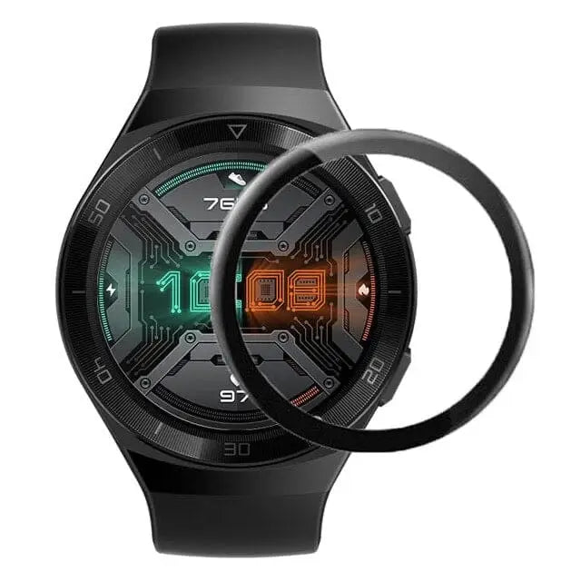 Pack of five Habicare screen protectors for Huawei GT 2e Active smartwatch, showing clear protective film on watch face.