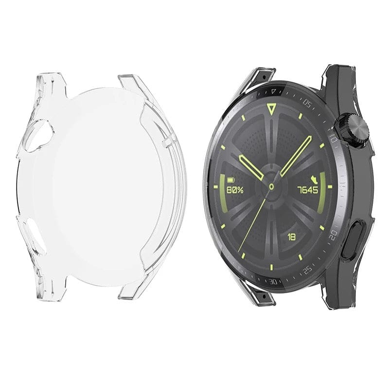 Clear protective case for Huawei GT 46mm smartwatch, made by That Watch Shop, shown fitted on the watch with transparent design