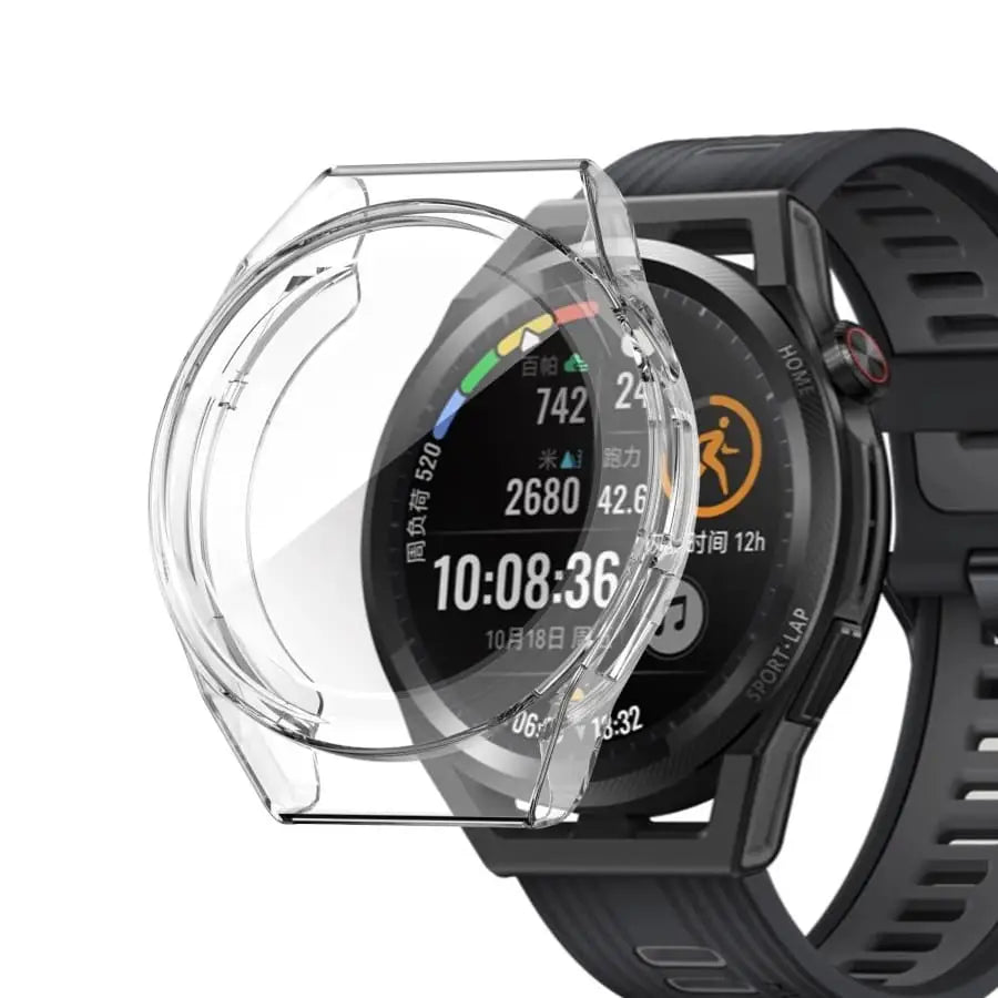 Clear protective case for Huawei GT Runner watch by Habicare, showing the transparent, slim design fitting the smartwatch.