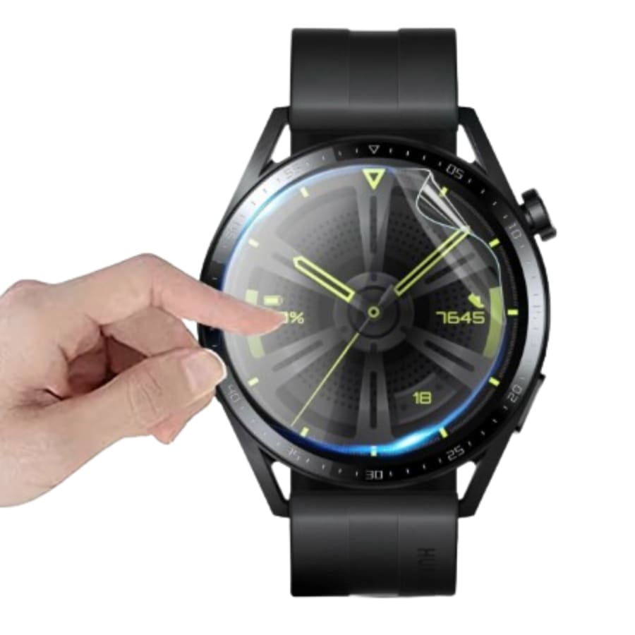 Pack of six black hydrogel screen protectors for Huawei GT3 46mm smartwatch, showing the protective film over the watch face.