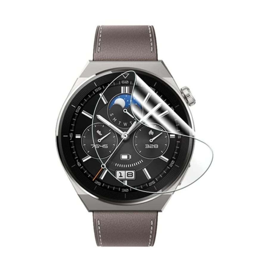 Hydrogel screen protectors for Huawei GT3 Pro 46mm smartwatch, pack of 6, showing transparent protective film on watch screen