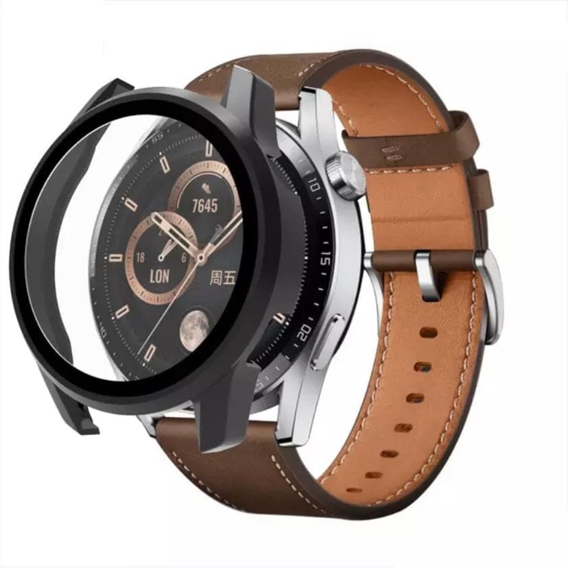 Black protective watch case for Huawei GT3 Pro 46mm, designed by That Watch Shop, shown on a smartwatch.