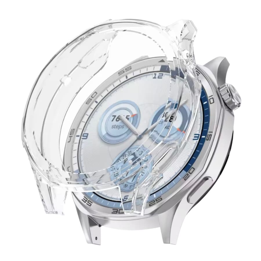Clear protective case for Huawei GT5 41mm watch, made by That Watch Shop, showing the transparent watch case on a Huawei GT5.