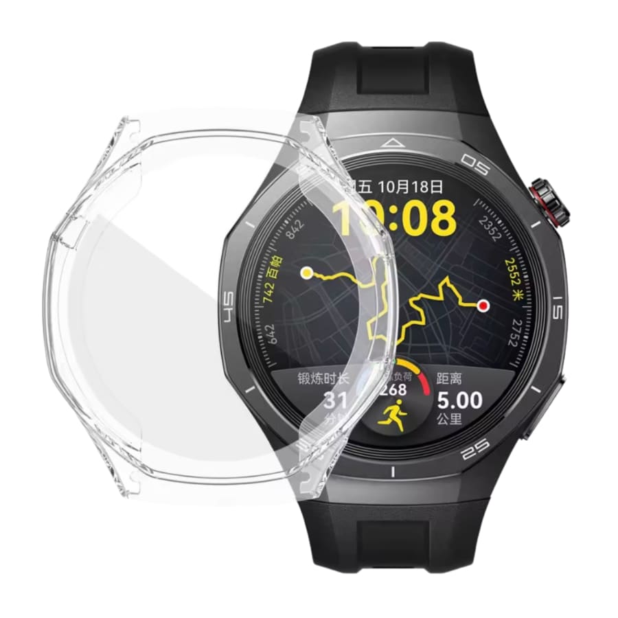 Clear protective case for Huawei GT5 Pro 42mm smartwatch, designed to shield the black watch from scratches and impacts.
