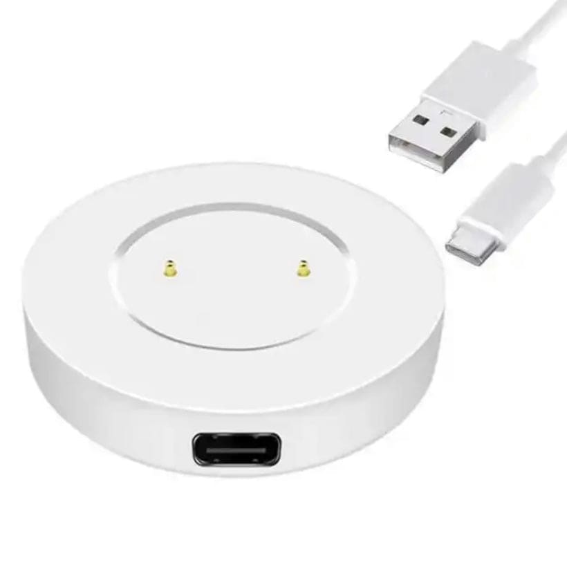 White Huawei Watch charger dock with USB-C cable, designed for easy charging of Huawei smartwatches.