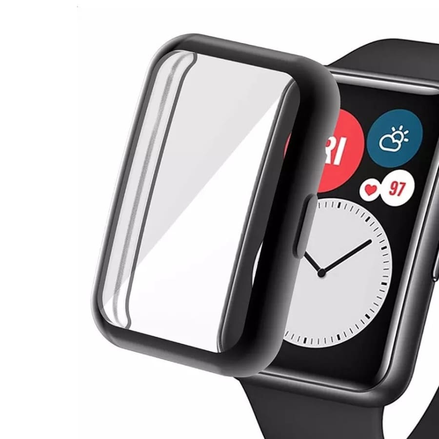 Black protective case for Huawei Watch Fit 2, made by That Watch Shop, shown fitting snugly around the smartwatch.