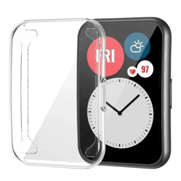 Clear Habicare protective case for Huawei Watch Fit 2, made of durable material, fitting snugly around the smartwatch.