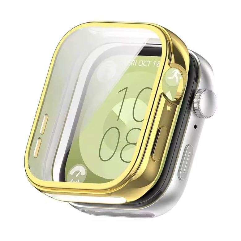 Gold protective case for Huawei Watch Fit 3, designed to shield the smartwatch from scratches and impacts.
