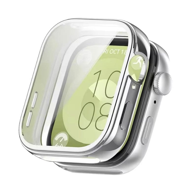 Silver protective case for Huawei Watch Fit 3, designed by That Watch Shop, showing a sleek watch with the case fitted.