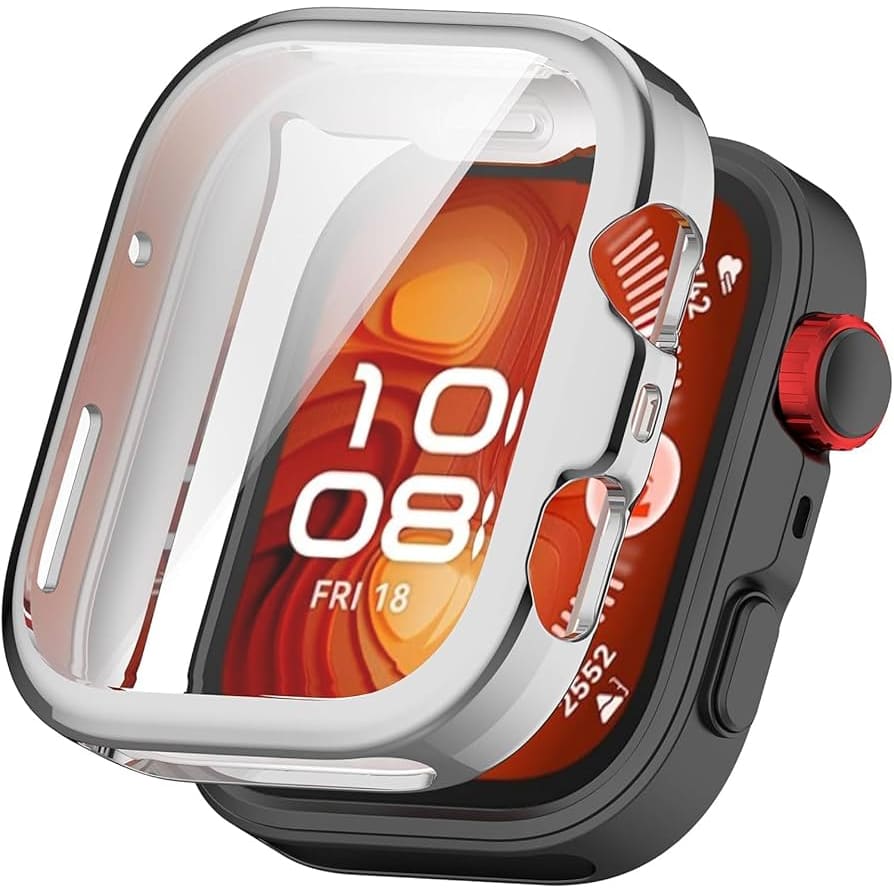 Huawei Watch Fit 4 Pro protective case with clear silver screen protector, designed to shield the watch's display.