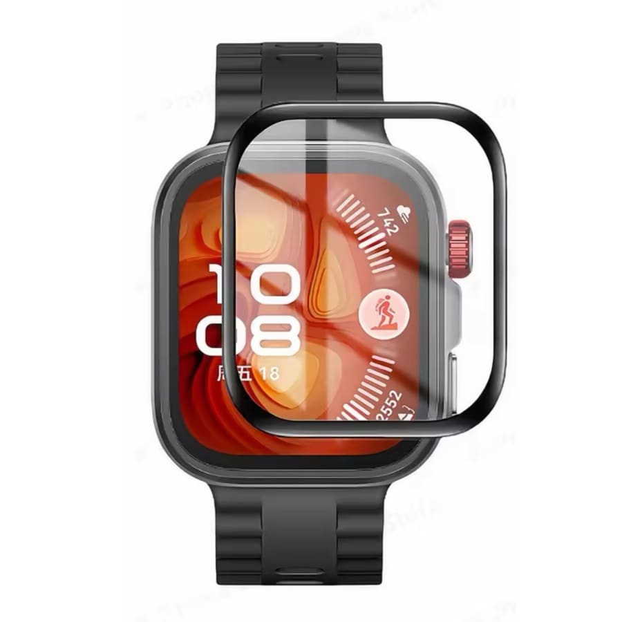 Black tempered screen protector for Huawei Watch Fit 4 Pro smartwatch, providing scratch and impact resistance.