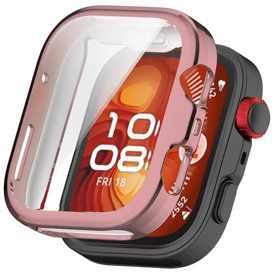 Pink protective case for Huawei Watch Fit 4 with clear screen protector, designed to safeguard the watch from scratches and impacts.