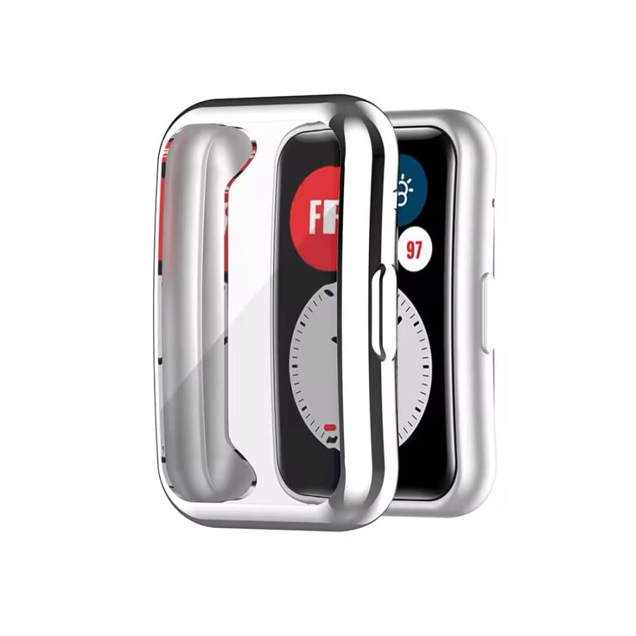 Silver protective watch case for Huawei Watch Fit, made by That Watch Shop, shown on a smartwatch with a sleek silver finish.