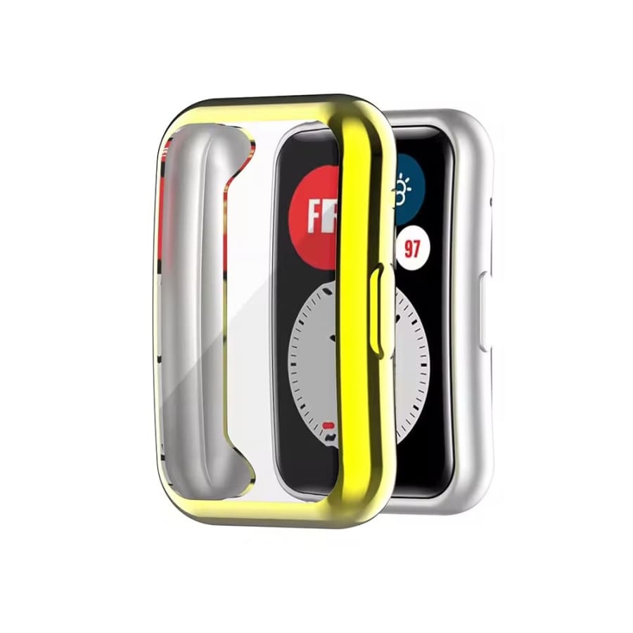 Gold protective case for Huawei Watch Fit smartwatch, featuring a sleek design and durable cover to safeguard the device.