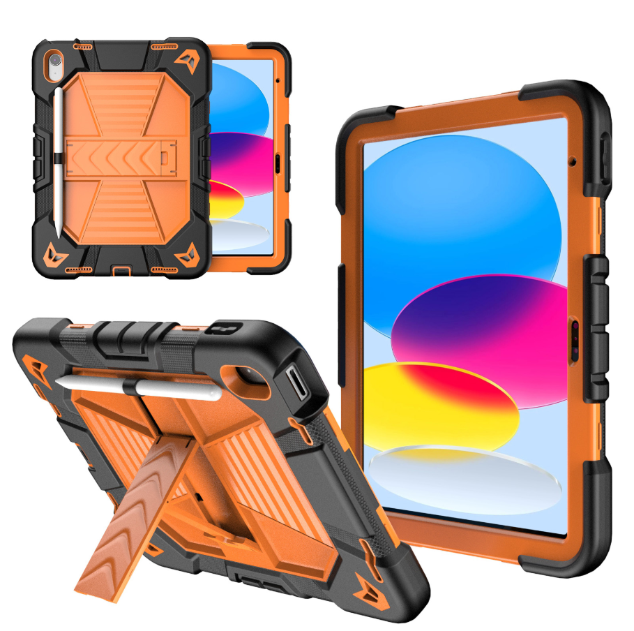 Techplus Apple iPad Air 11-inch M2 rugged shockproof case with kickstand in orange, designed for tablet protection.