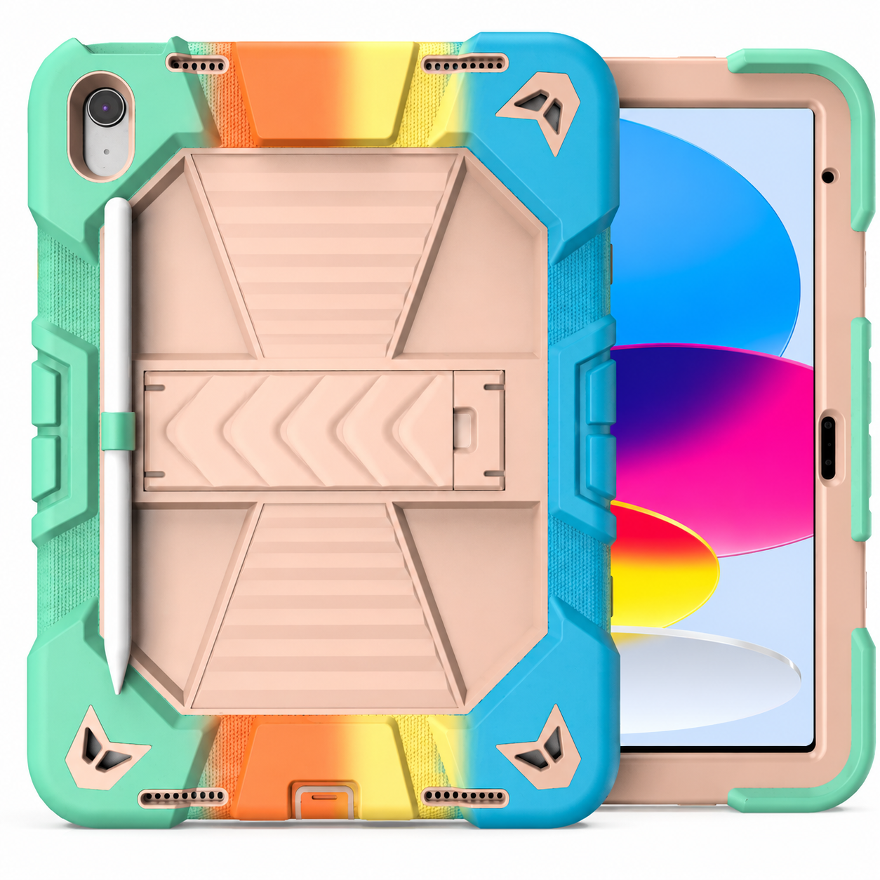 Techplus Apple iPad Air 11-inch (M3) 2025 rugged shockproof tablet case with rainbow design and built-in kickstand.