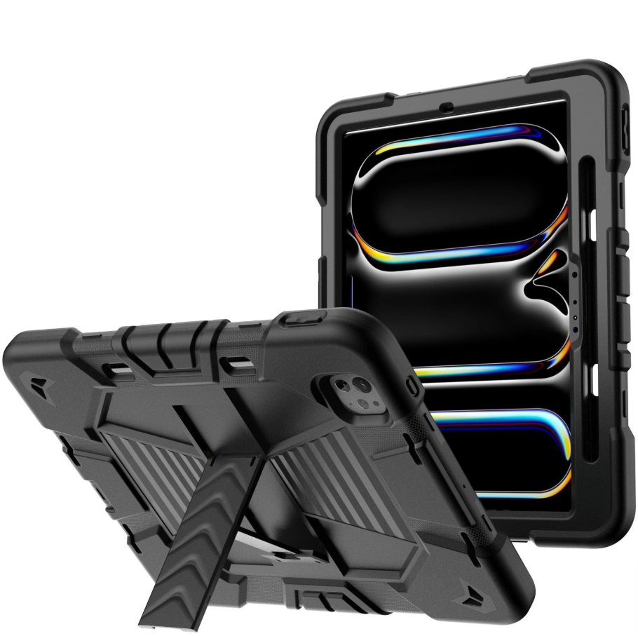 Black TechPlus rugged shockproof case with kickstand on iPad Pro 13-inch (M5) 2025, showing front view and protective design