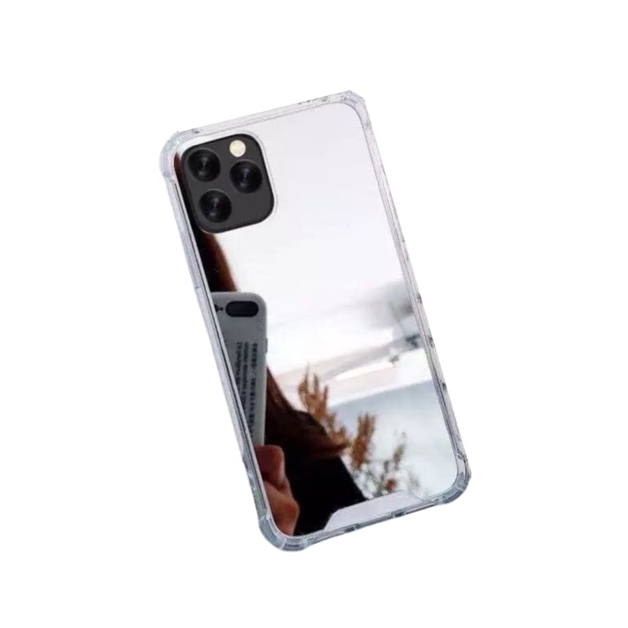 Silver mirror silicone case for iPhone 11 Pro by 9eight5, showing a sleek, reflective protective cover on the phone.