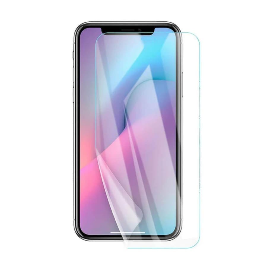 Hydrogel screen protector for iPhone 11 Pro Max by 9eight5, showing a close-up of the transparent, flexible protector on the phone screen.