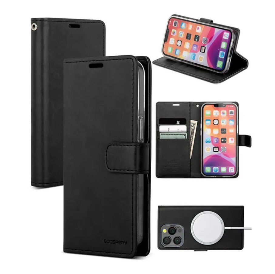 Black techplus iPhone 12 Pro Max flip PU leather wallet case showing front and back design with card slots and protective cover.