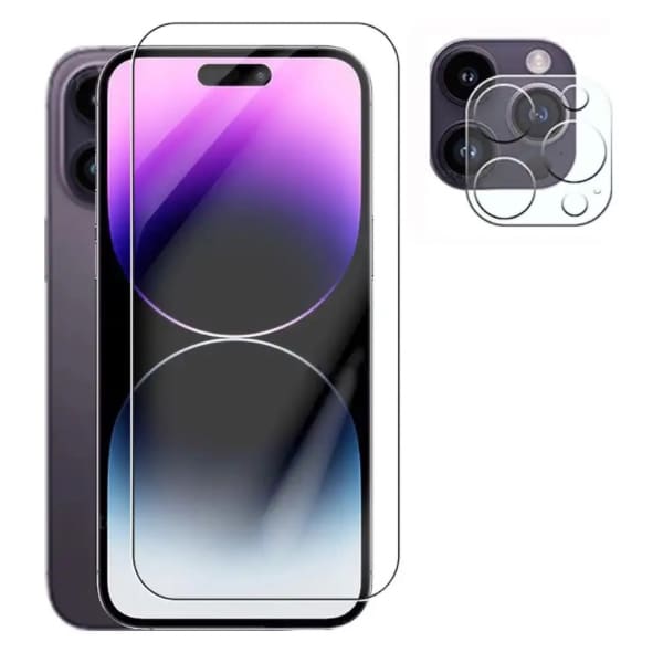 9eight5 iPhone 14 6.1-inch 2-in-1 screen protector showing clear tempered glass with precise cutouts for the device.