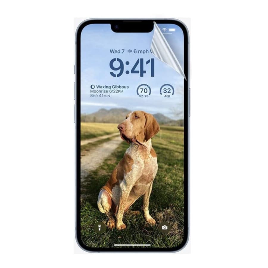 Two 9eight5 hydrogel screen protectors for iPhone 14 Plus (6.7-inch), designed to protect and preserve the screen.