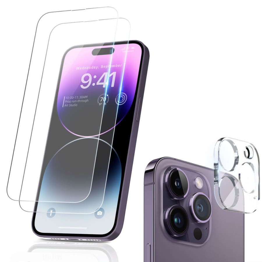9eight5 2-in-1 screen protector for iPhone 14 Pro (6.1”), showing clear, durable glass with precise edge alignment.
