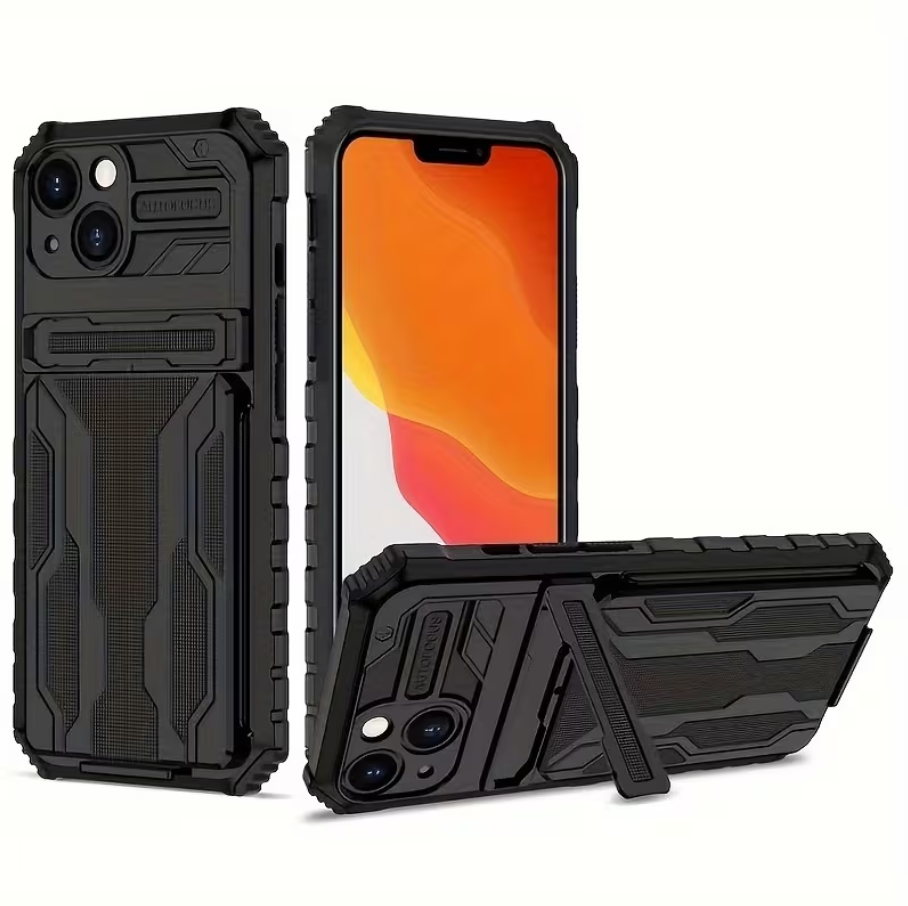 Black Techplus iPhone 15 heavy-duty shockproof case with built-in card holder and kickstand for secure protection and easy viewing.