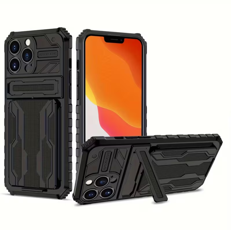 Black TechPlus heavy-duty shockproof iPhone 15 Pro Max case with card holder and kickstand for added protection and convenience.