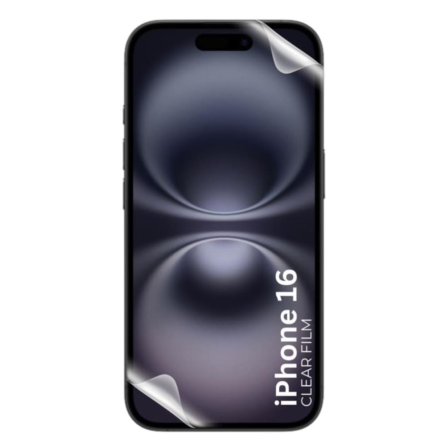 Hydrogel screen protector for iPhone 16 (6.1-inch) by 9eight5, showing a clear, flexible shield fitting the phone screen.