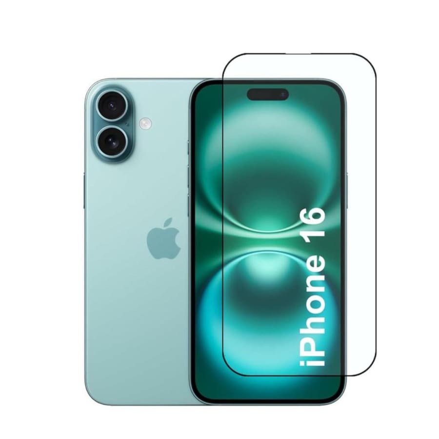 Clear 9eight5 screen protector for iPhone 16 (6.1-inch), showing a transparent protective film on the phone screen.