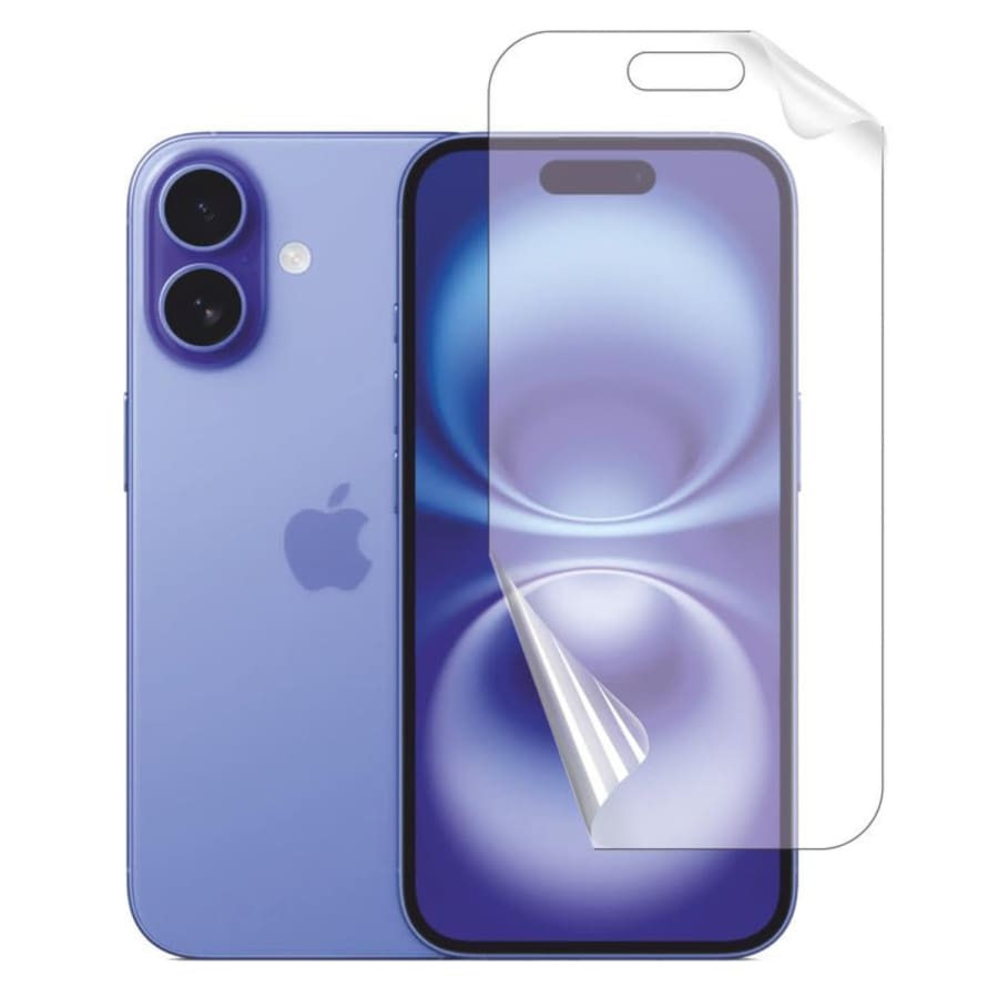 Hydrogel screen protector for iPhone 16 Plus (6.7-inch) by 9eight5, showing a clear, flexible cover on the phone screen.