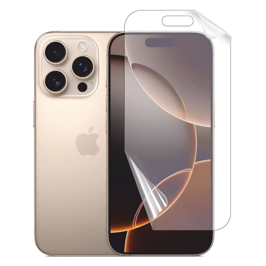 Two 9eight5 hydrogel screen protectors for iPhone 16 Pro 6.1-inch, designed to protect the screen from scratches and cracks.